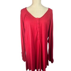 Avenue Red Long Sleeve Henley Top, V Neck Button Up, Casual Tunic Blouse